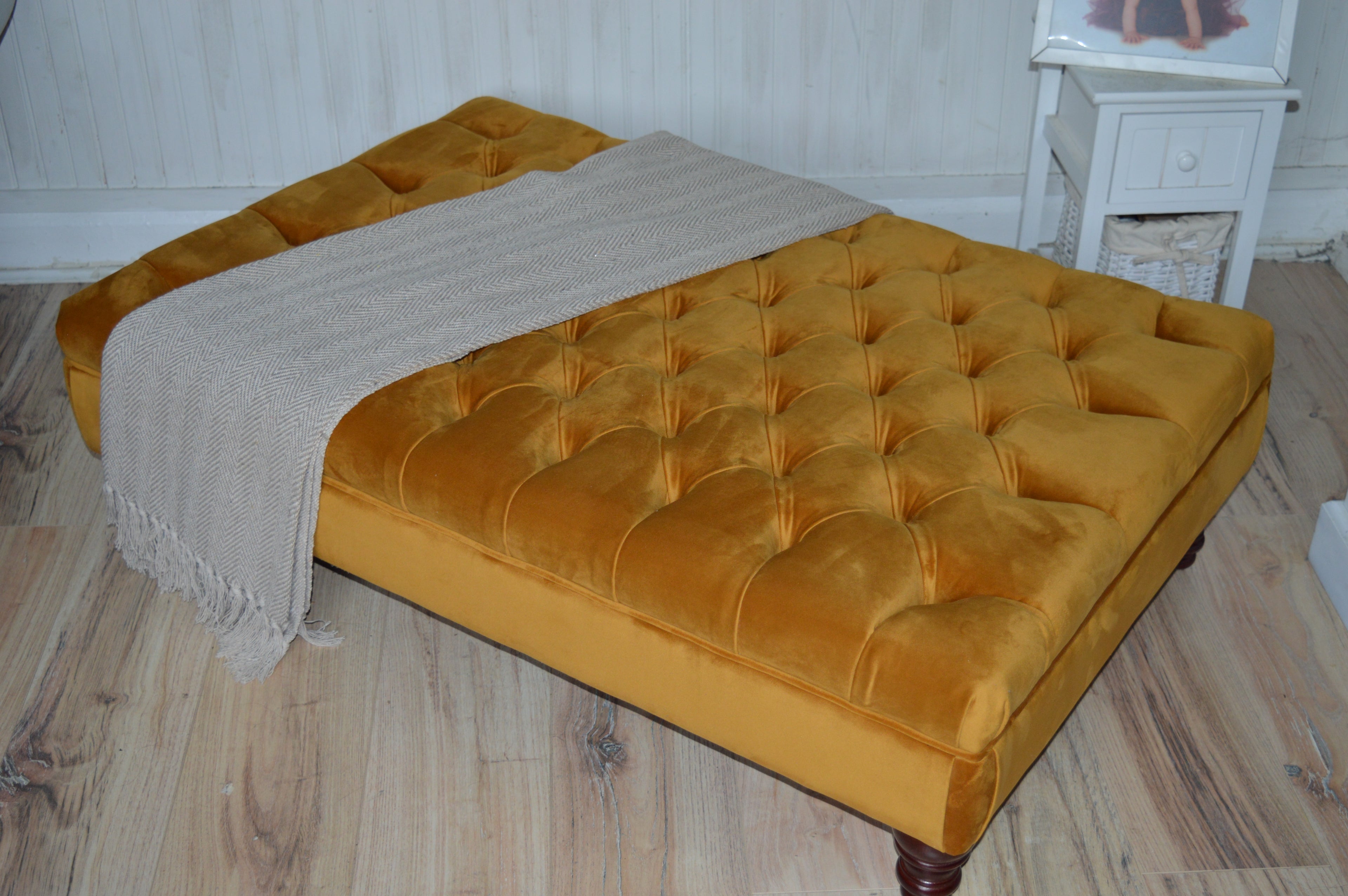 Chesterfield Extra Large Deep Buttoned Footstool in Premium Turmeric velvet Fabric With Mahogany Turned Hardwood Legs