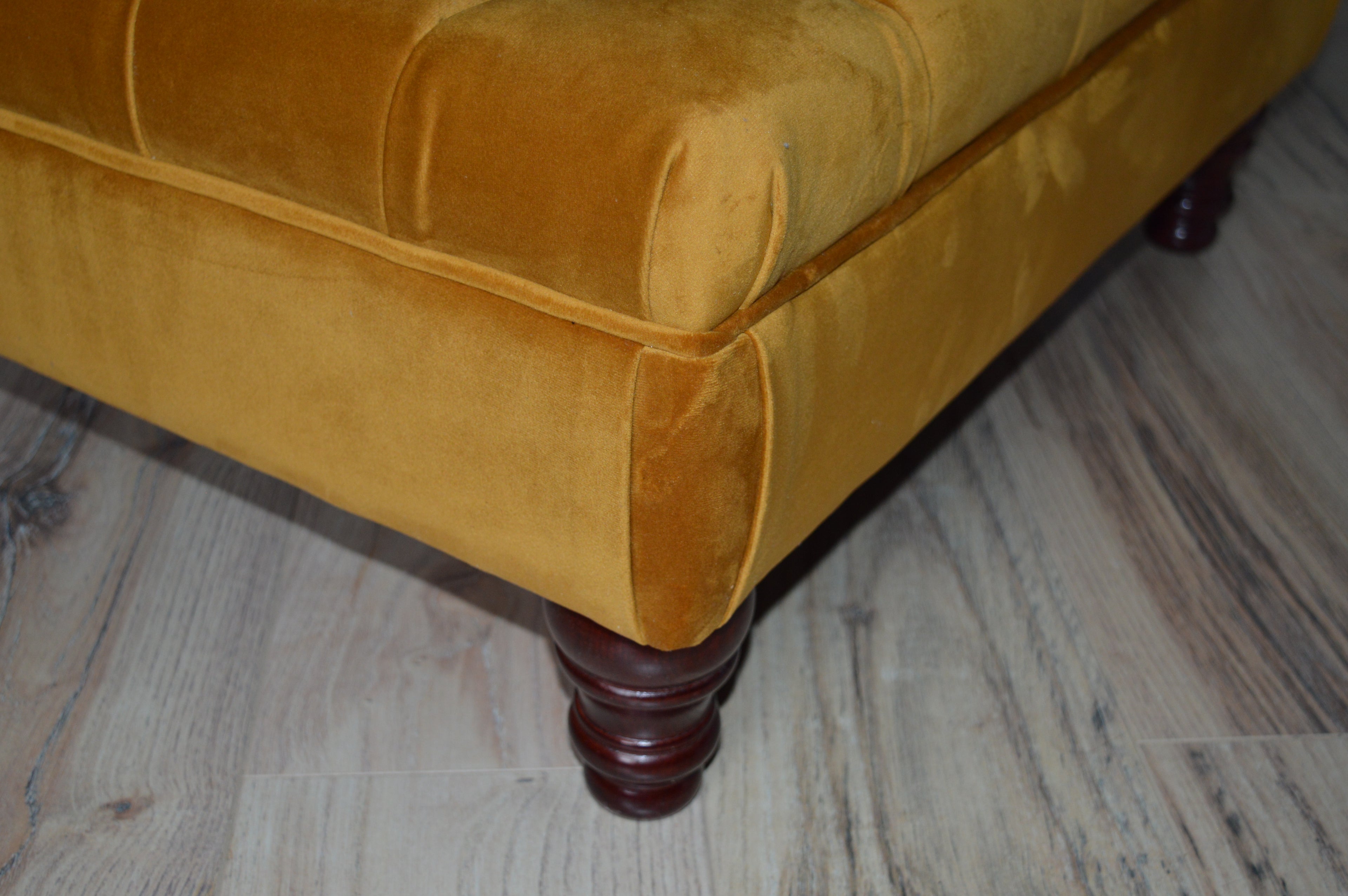 Chesterfield Extra Large Deep Buttoned Footstool in Premium Turmeric velvet Fabric With Mahogany Turned Hardwood Legs