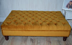 Chesterfield Extra Large Deep Buttoned Footstool in Premium Turmeric velvet Fabric With Mahogany Turned Hardwood Legs