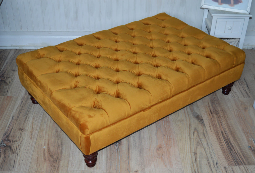 Chesterfield Extra Large Deep Buttoned Footstool in Premium Turmeric velvet Fabric With Mahogany Turned Hardwood Legs