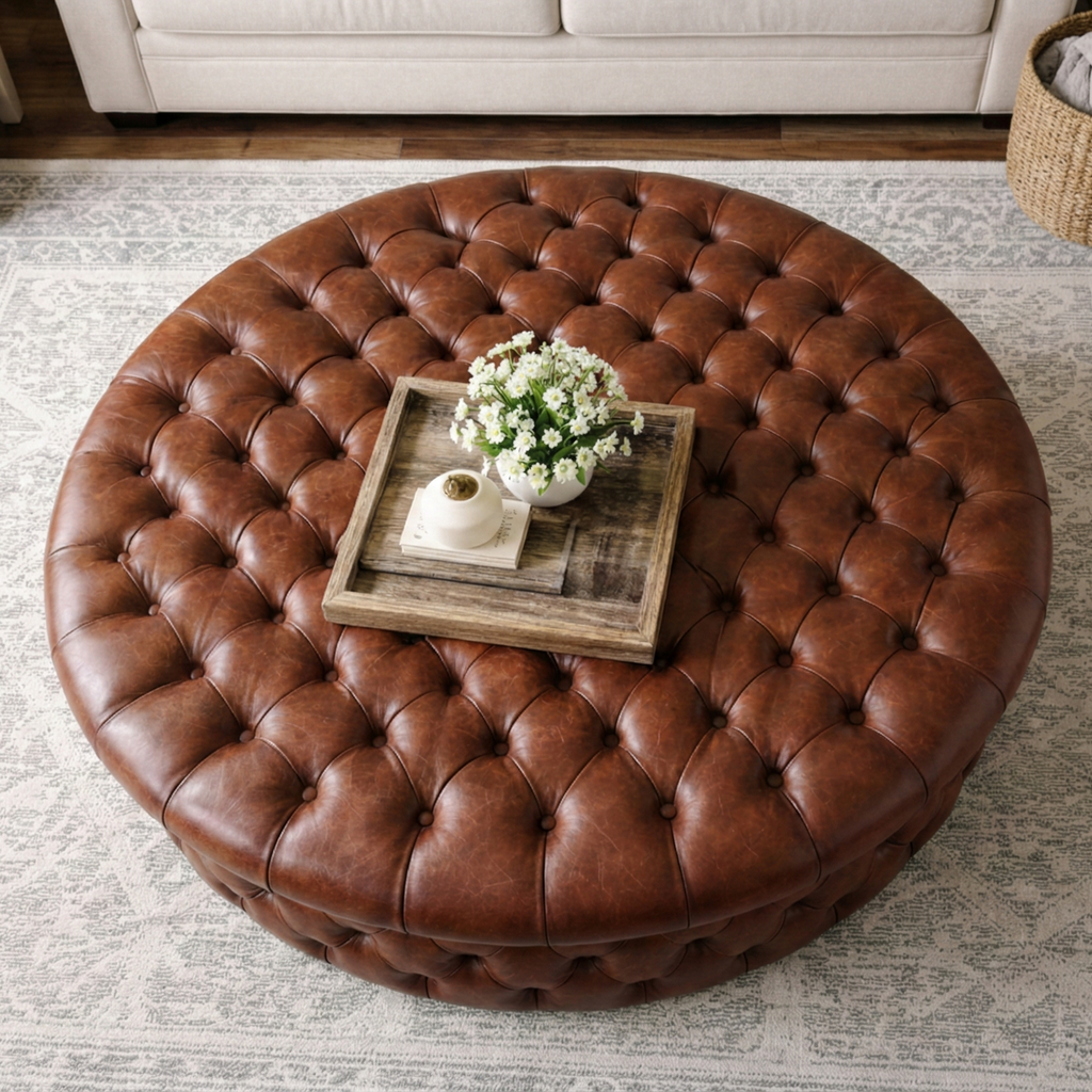 Round Chesterfield Footstool – Deep Buttoned Drum Ottoman in Faux Leather