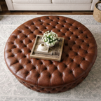 Round Chesterfield Footstool – Deep Buttoned Drum Ottoman in Faux Leather