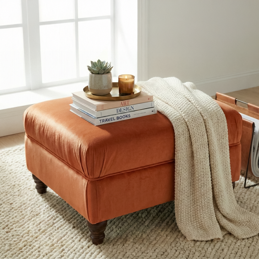 Flat Top Footstool With Piping Detail  in Burnt Orange Velvet With Oak Turned Hard Wood Legs