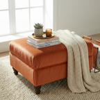 Flat Top Footstool With Piping Detail  in Burnt Orange Velvet With Oak Turned Hard Wood Legs