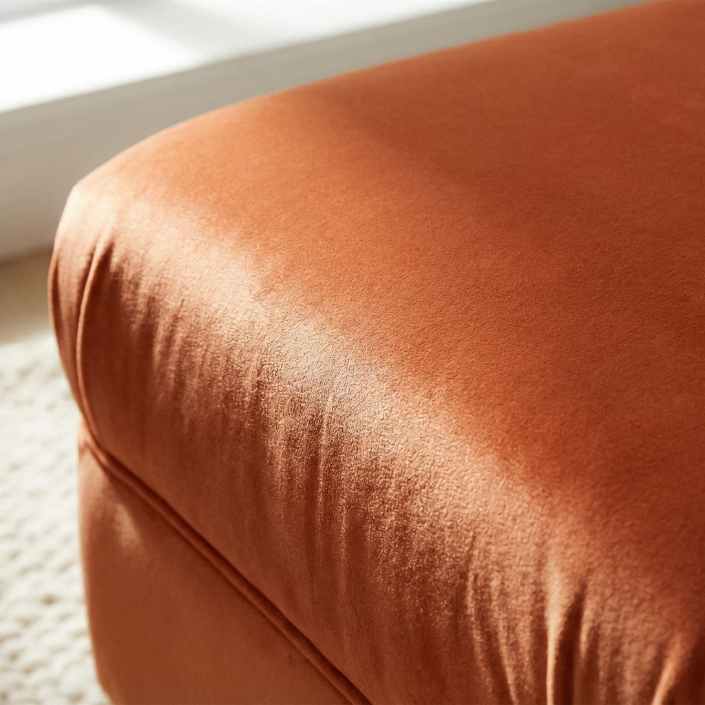 Flat Top Footstool With Piping Detail  in Burnt Orange Velvet With Oak Turned Hard Wood Legs
