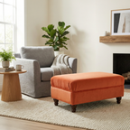 Flat Top Footstool With Piping Detail  in Burnt Orange Velvet With Oak Turned Hard Wood Legs