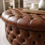 Round Chesterfield Footstool – Deep Buttoned Drum Ottoman in Faux Leather