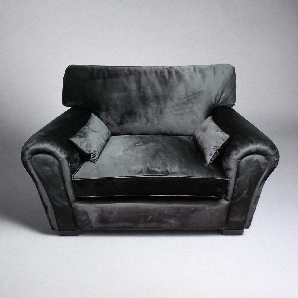 UK Made Cuddle Chair Upholstered In Casino  Plum Velvet Fabric
