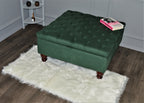Chesterfield Square Storage Footstool Ottoman in Soft Alpaka Hunter Green Fabric With Mahogany Turned Hardwood Legs