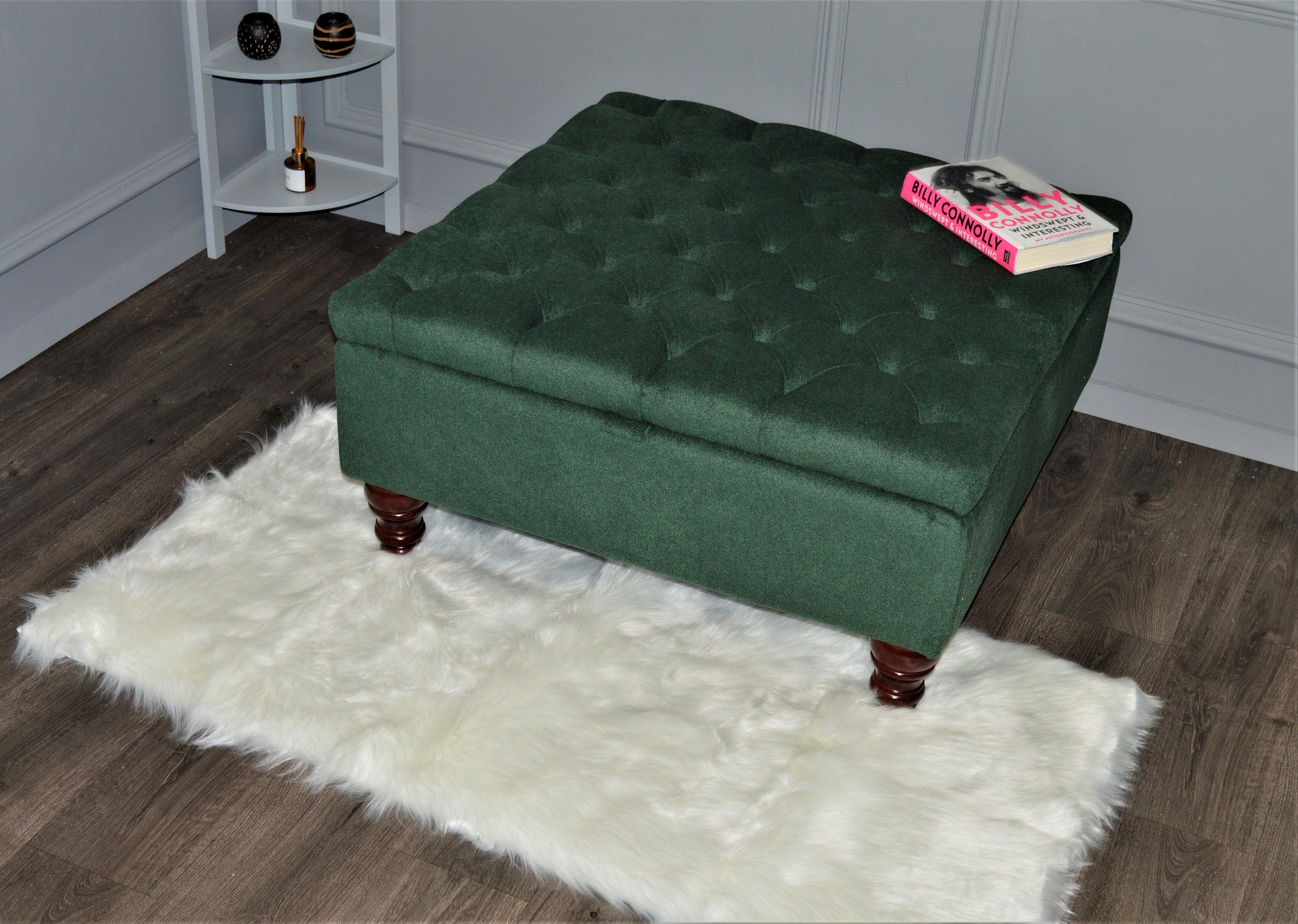 Chesterfield Square Storage Footstool Ottoman in Soft Alpaka Hunter Green Fabric With Mahogany Turned Hardwood Legs