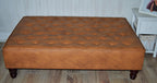 Chesterfield Extra Large Top Stitch Design Buttoned Footstool in Premium Tan Faux Leather With Mahogany Turned Hardwood Legs