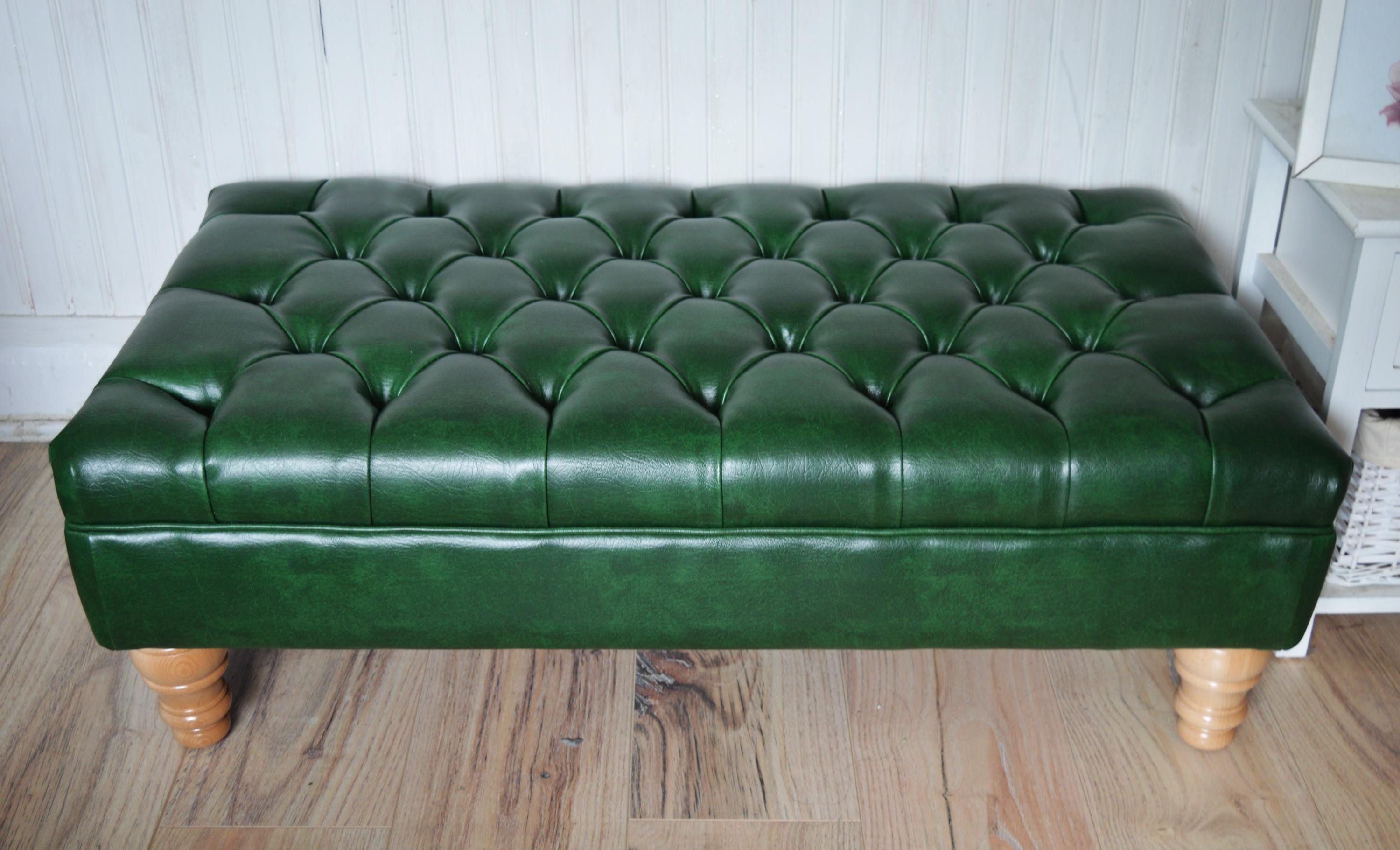 Chesterfield Style Deep Buttoned Footstool in Premium Green Faux Leather With Turned Oak Hardwood Legs
