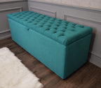 XXL Chesterfield Storage Bedding Box in Mallard Green Fabric With Mahogany Feet