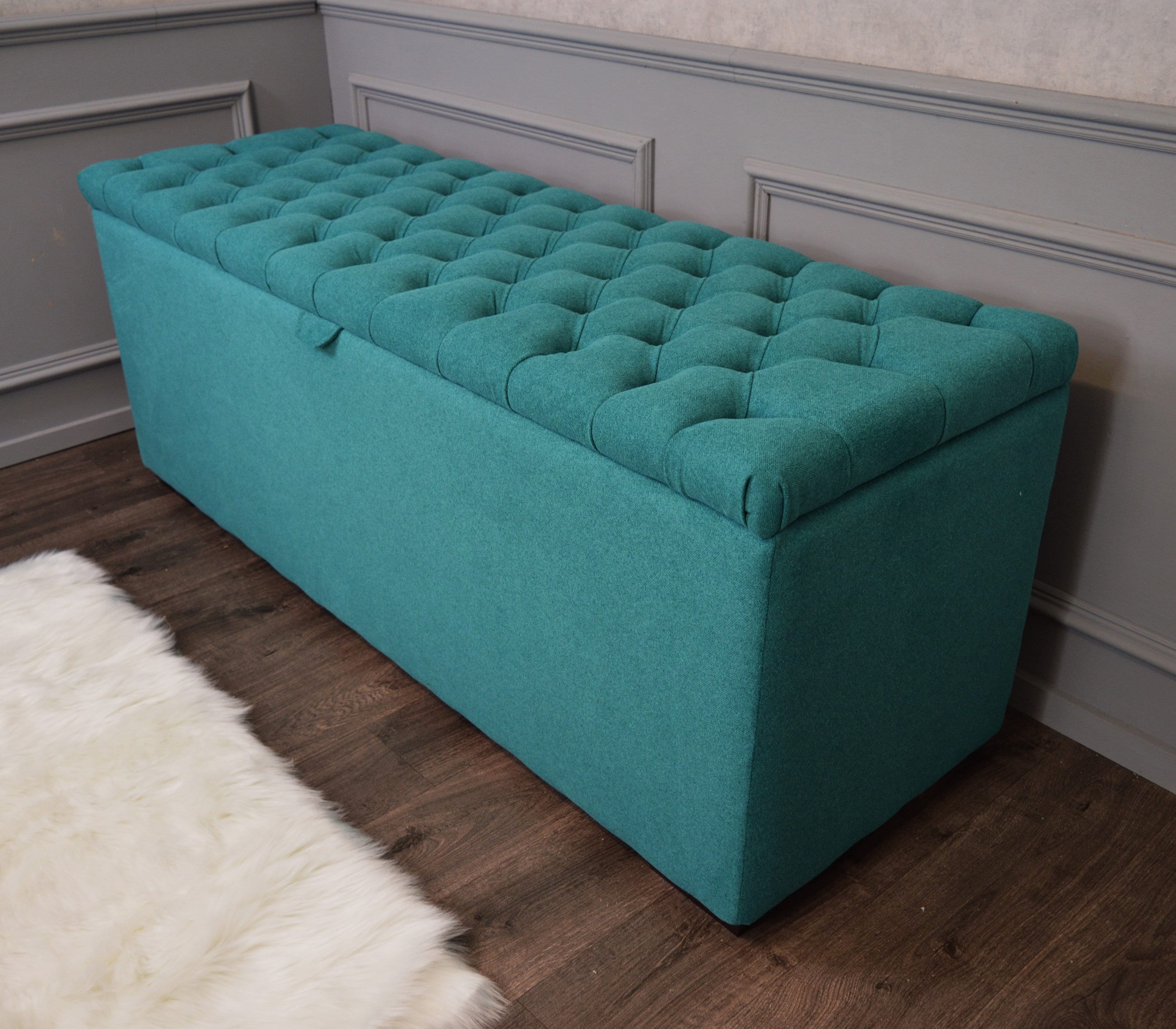 XXL Chesterfield Storage Bedding Box in Mallard Green Fabric With Mahogany Feet
