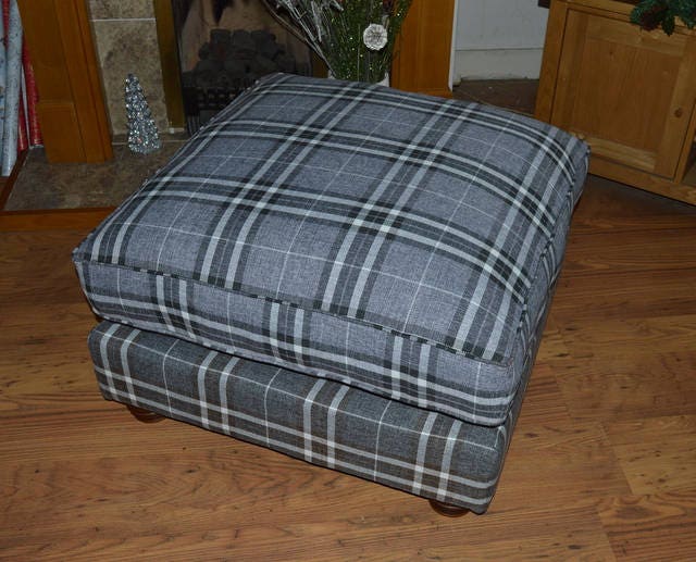 Fixed Soft Cushion Top Square Design Footstool in Gey Tarton Check  With Turned Hard Wood Feet