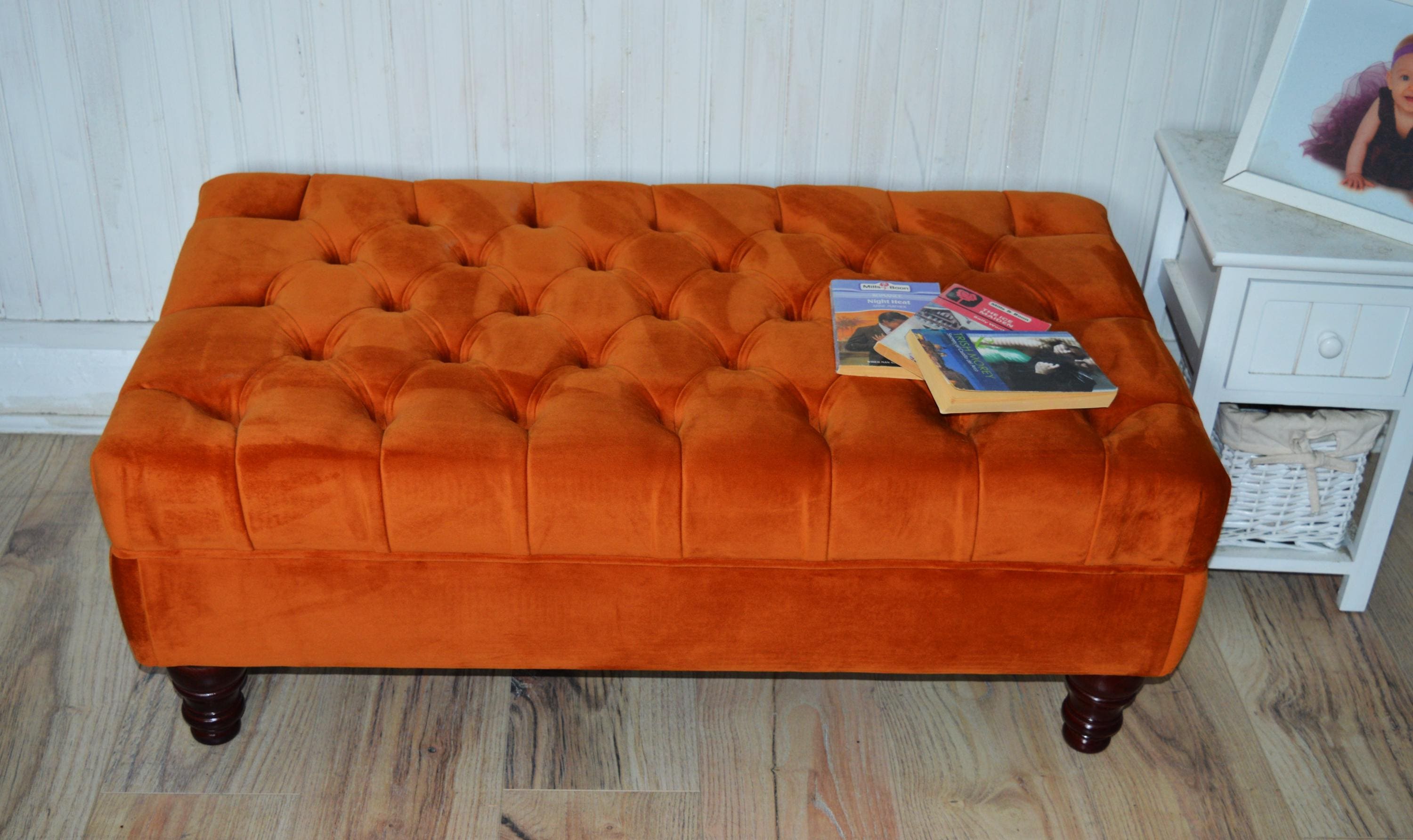 Chesterfield Design Deep Buttoned Footstool in Burnt Orange Velvet Fabric With Mahogany Turned Hard Wood Legs