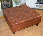 Extra Large Storage Square Chesterfield Deep Buttoned Footstool in Premium Chestnut Faux Leather