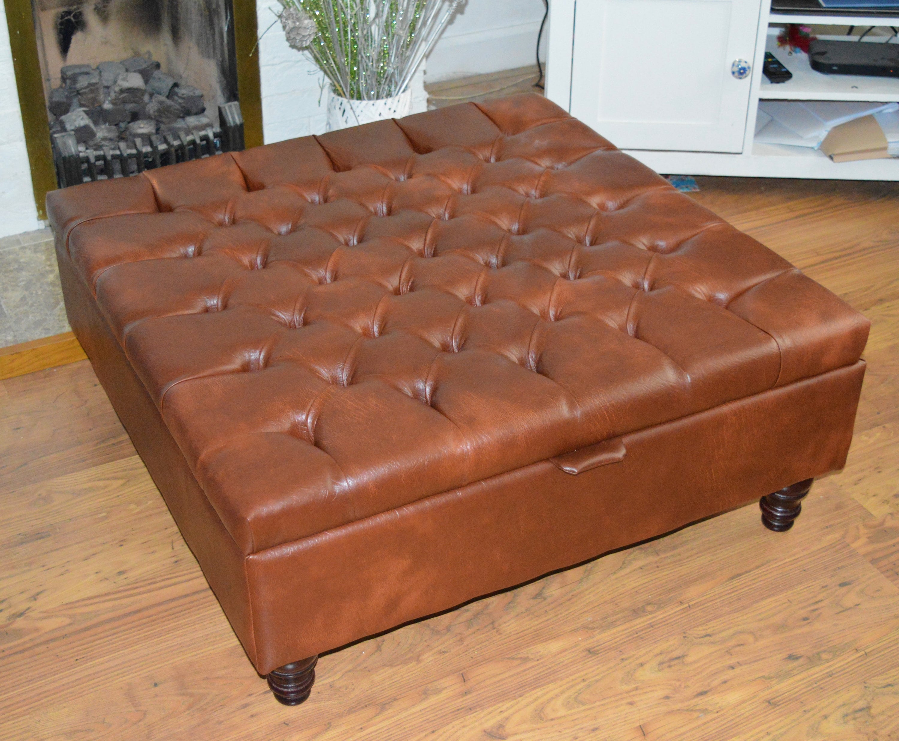 Extra Large Storage Square Chesterfield Deep Buttoned Footstool in Premium Chestnut Faux Leather