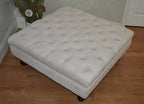 Hand Made Square Design Chesterfield  Deep Buttoned Footstool in Casino Crush Ivory  Colour  Fabric With Turned Hard Wood Legs