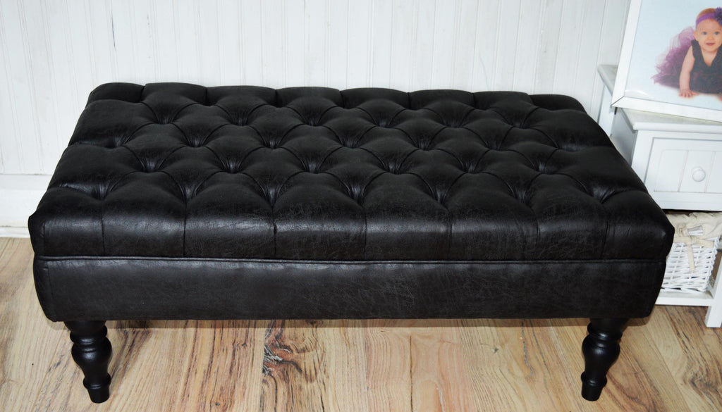Handmade Antique Black Faux Suede  Chesterfield Footstool  Coffee Table – Footrest – Black Hand Painted Turned Hardwood Legs