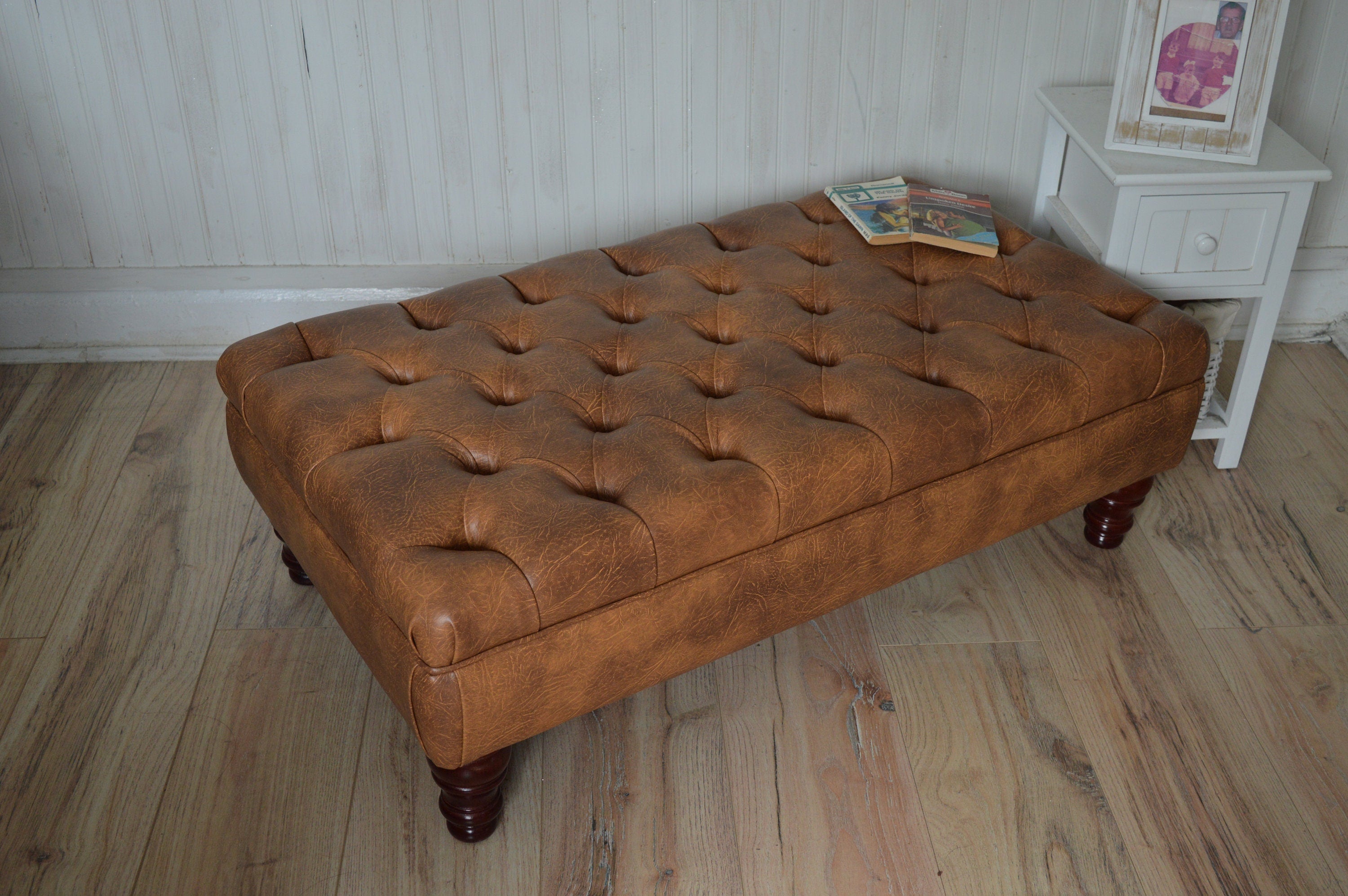 Handmade Faux Leather Tan Chesterfield Footstool – Ottoman – Coffee Table – Footrest – Mahogany Turned Hardwood Legs