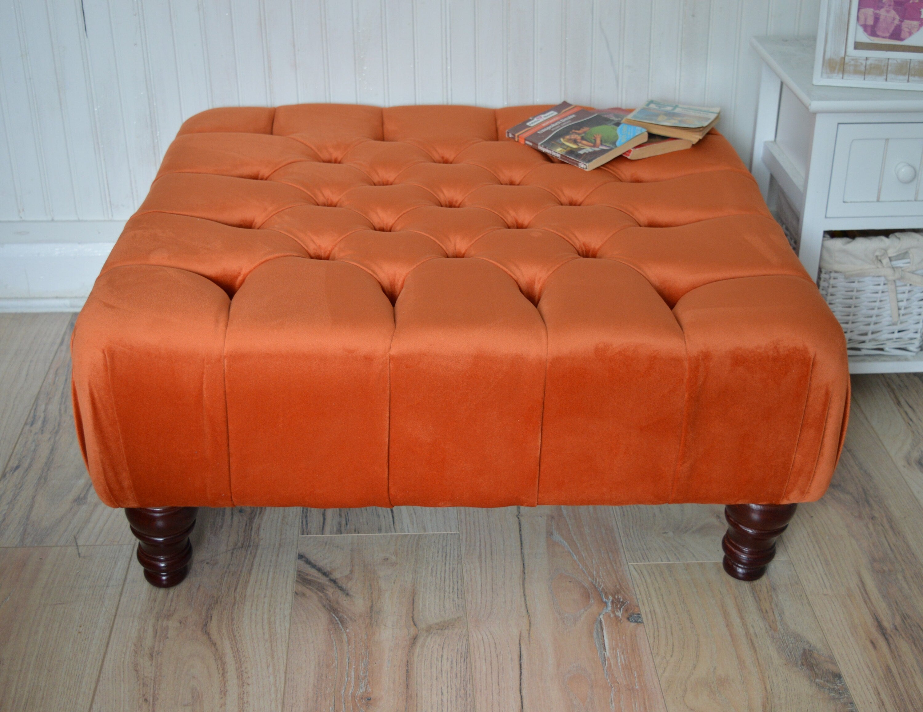 Square Chesterfield Deep Buttoned Footstool in Plush Orange Velvet With Mahogany Turned Hard Wood Legs