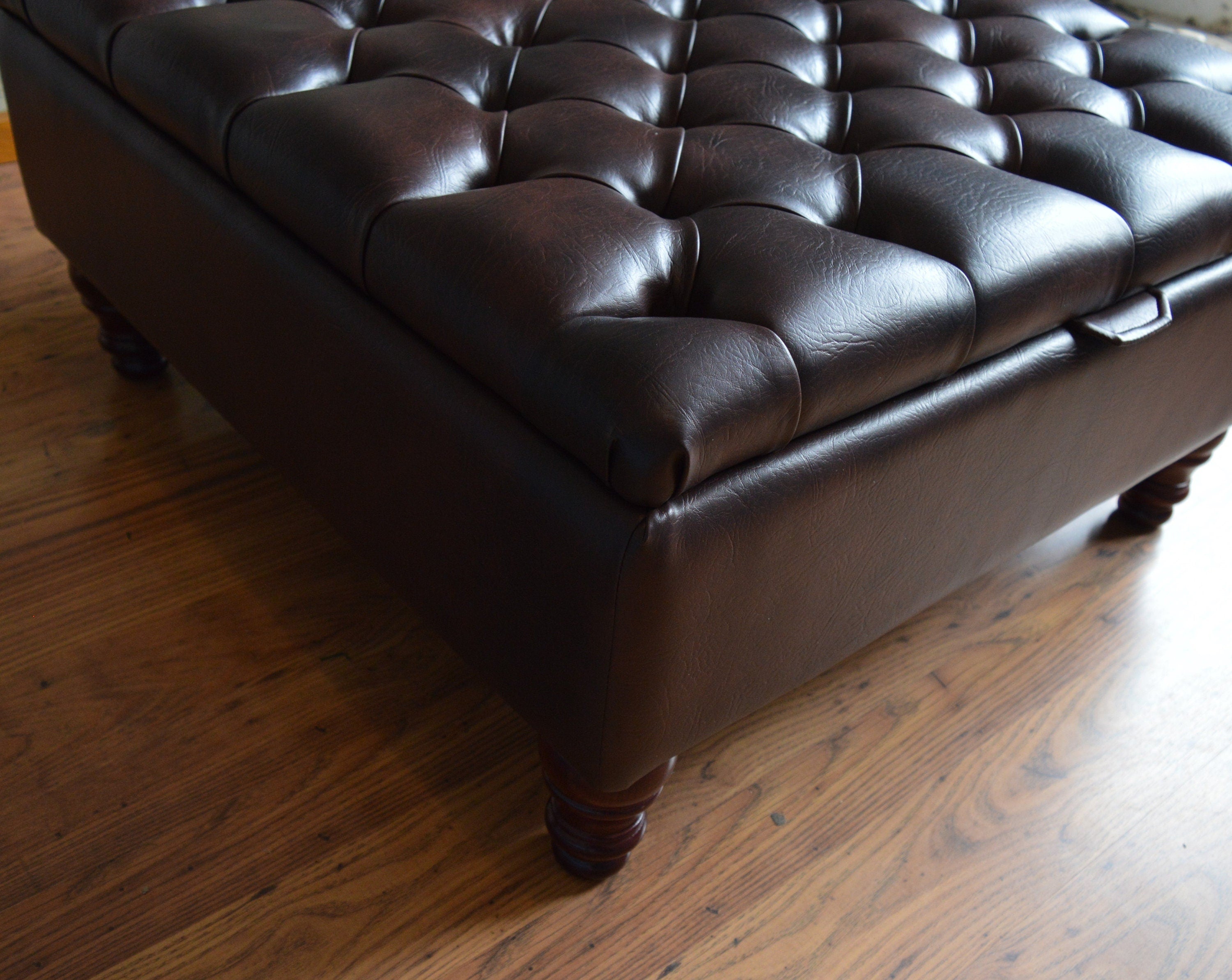 Extra Large Storage Square Chesterfield Deep Buttoned Footstool in Premium Dark Brown Faux Leather