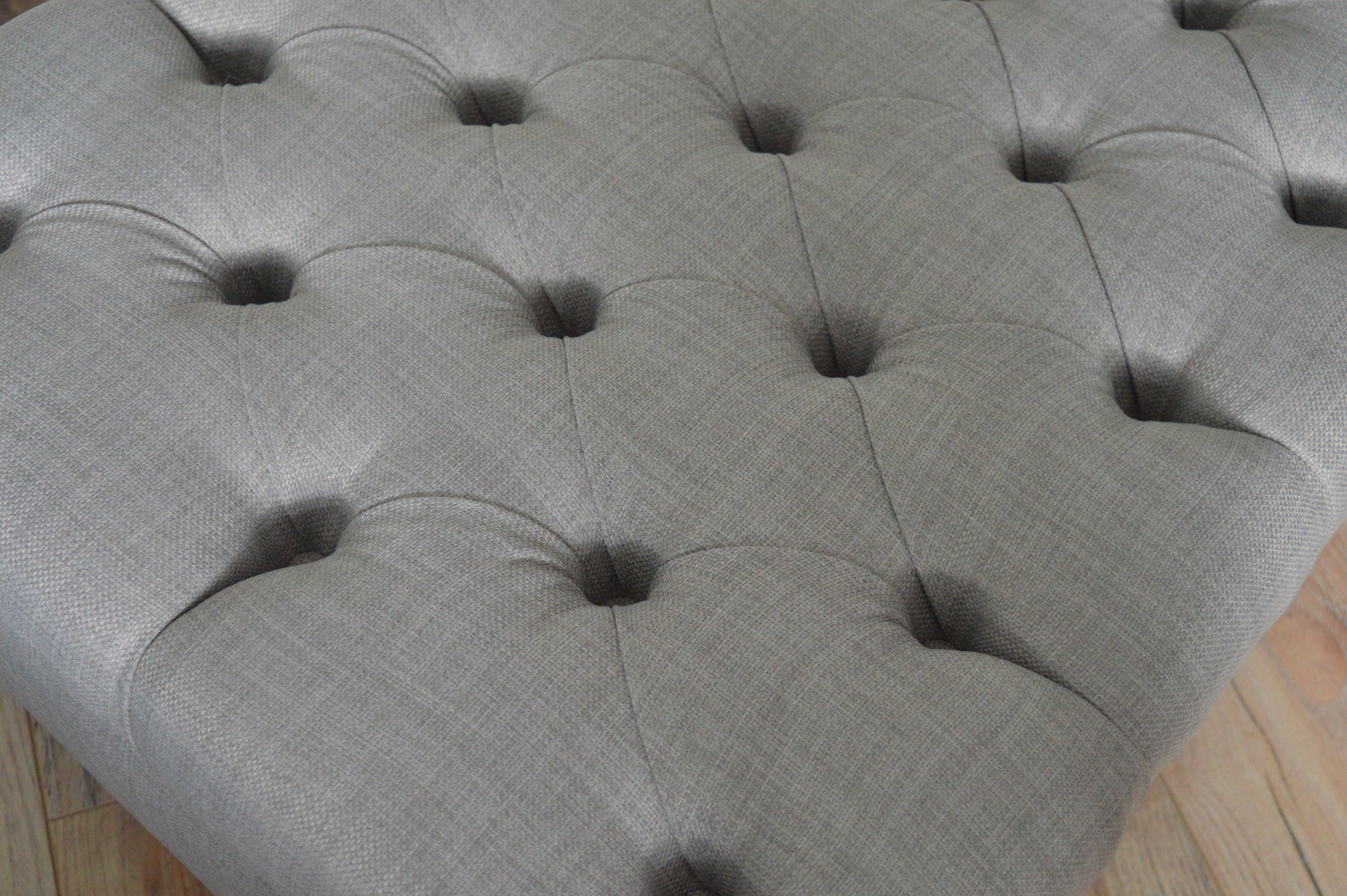 Chesterfield  Deep Buttoned Footstool in Grey Linen Fabric With Mahogany Turned Hardwood Legs