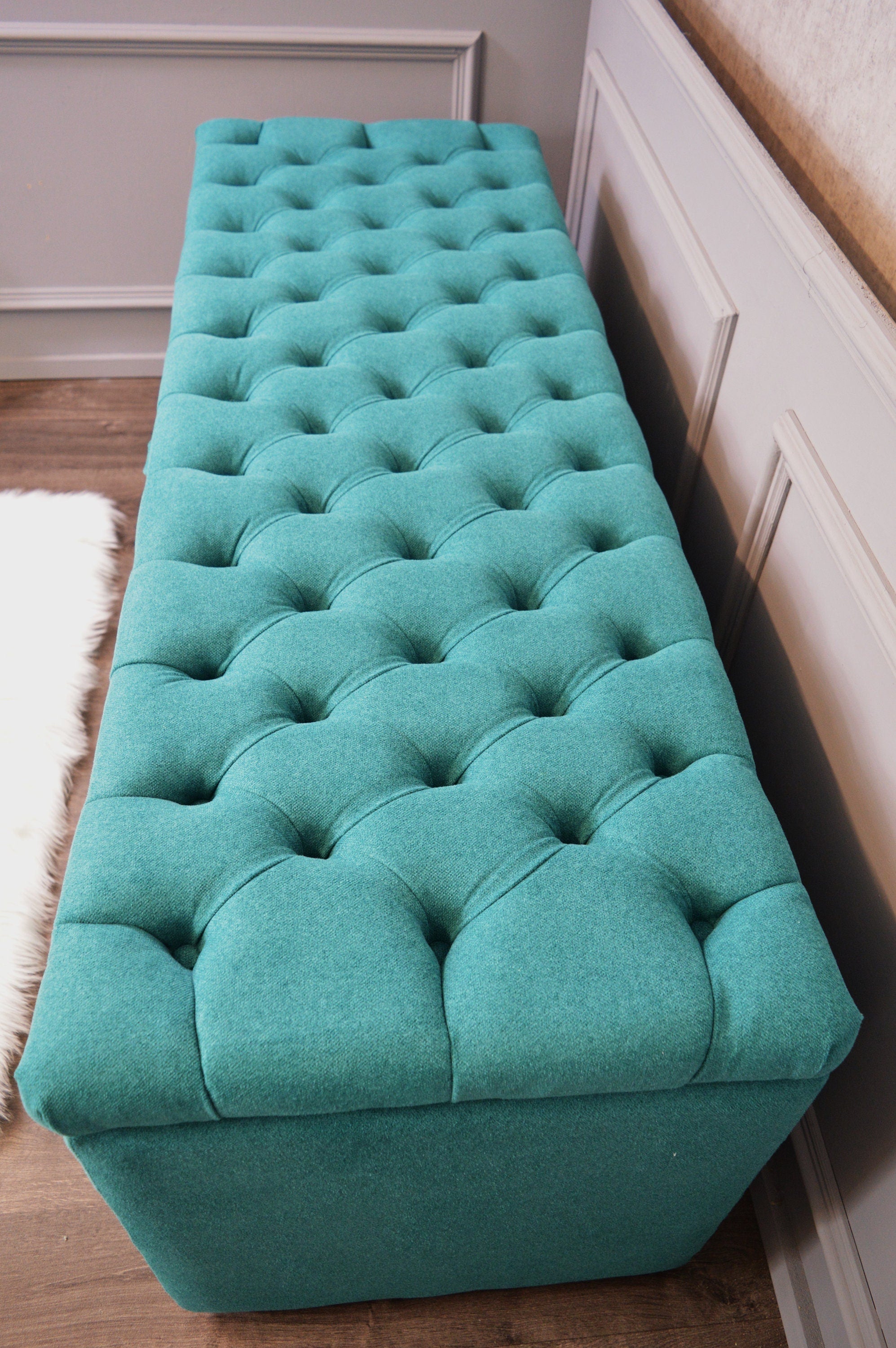 XXL Chesterfield Storage Bedding Box in Mallard Green Fabric With Mahogany Feet