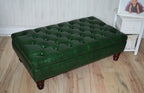 Chesterfield Style Deep Buttoned Footstool in Premium Green Faux Leather With Turned Mahogany Hardwood Legs