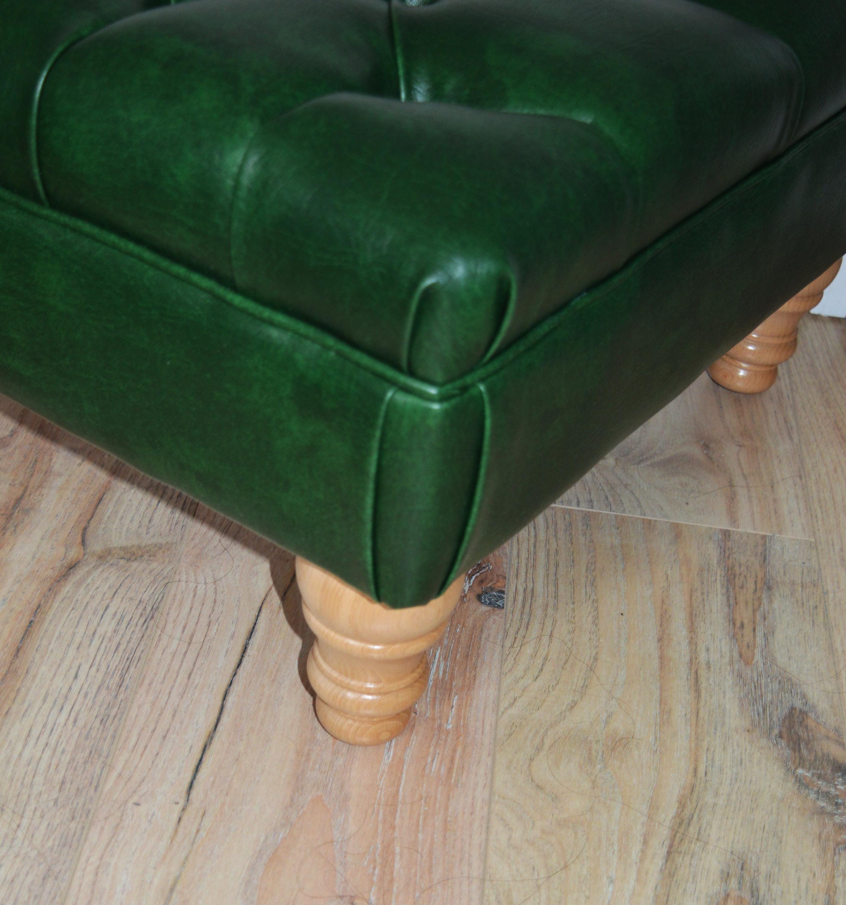 Chesterfield Style Deep Buttoned Footstool in Premium Green Faux Leather With Turned Oak Hardwood Legs