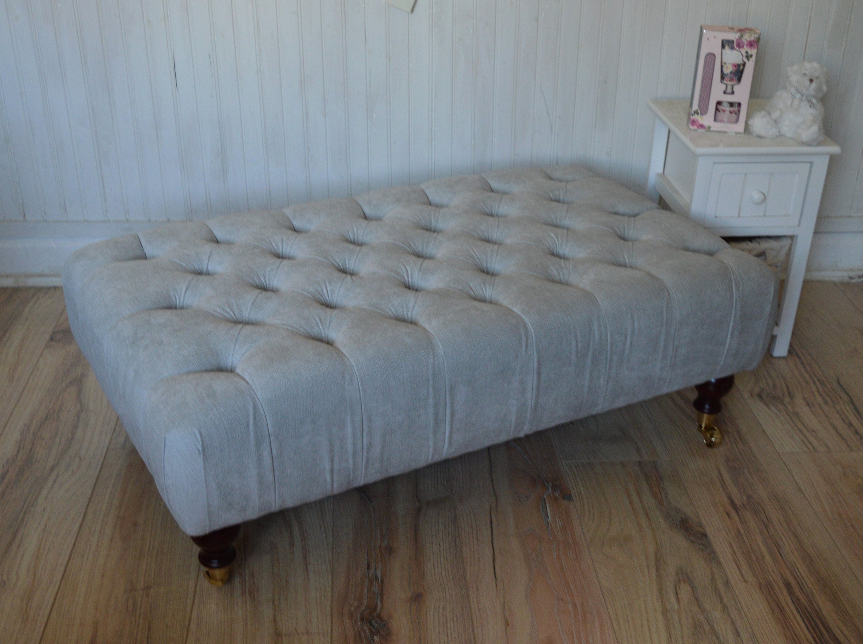 Chesterfield Style Deep Buttoned Footstool in Casino Silver Fabric  With Mahogany Hardwood Legs