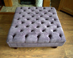 Square Chesterfield Style Deep Buttoned Footstool in Casino Plum Fabric With Turned Hard Wood Legs