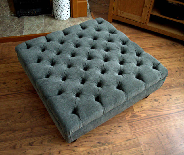 Square Chesterfield Style Deep Buttoned Footstool in Casino Crush Charcoal Grey  Fabric With Turned Hard Wood Legs