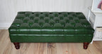 Chesterfield Style Deep Buttoned Footstool in Premium Green Faux Leather With Turned Mahogany Hardwood Legs