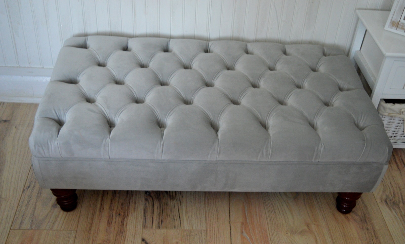 Chesterfield Deep Buttoned Footstool in a Plush Silver Velvet With Mahogany Turned Hard Wood Legs