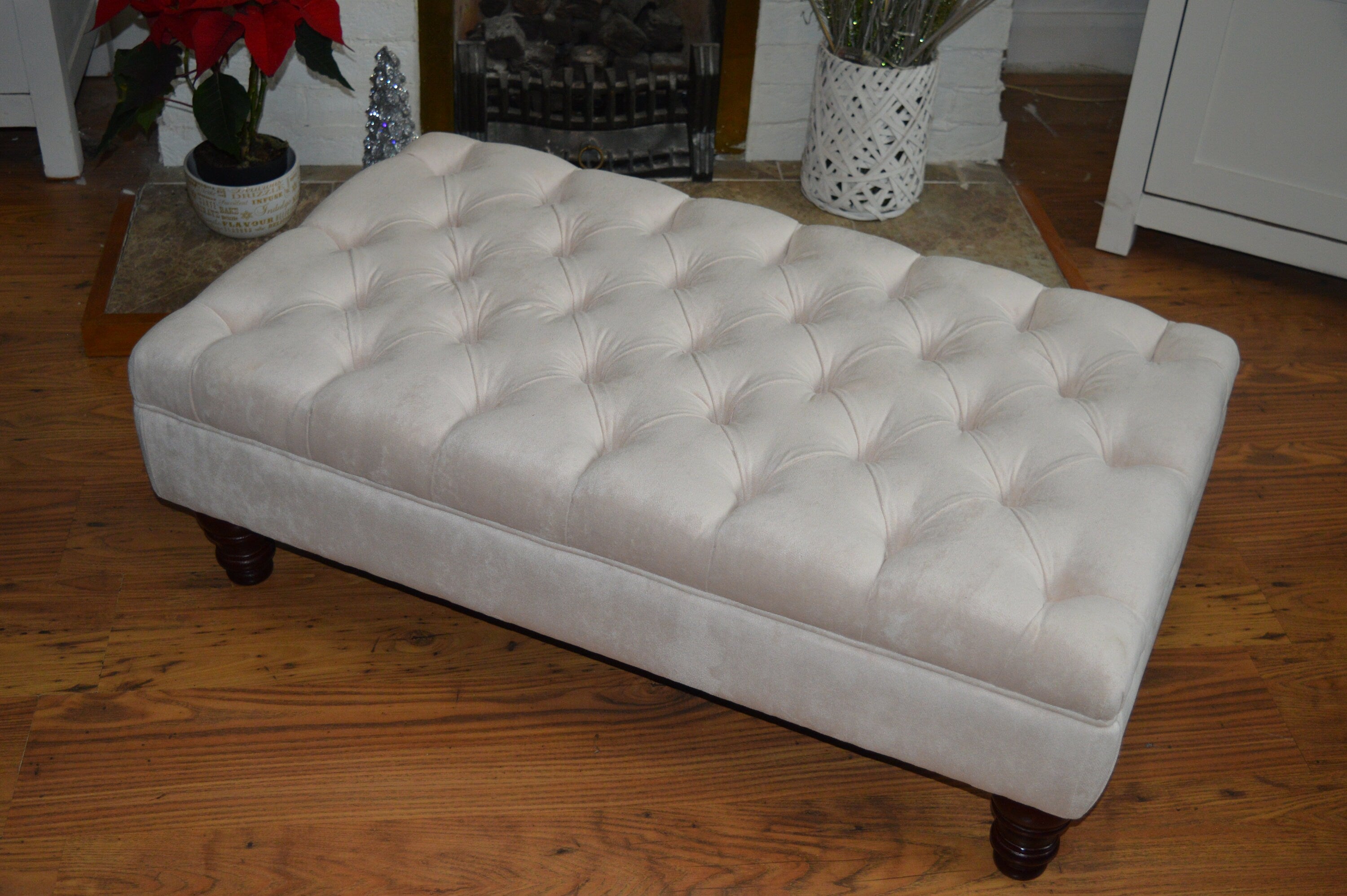 Chesterfield Deep Buttoned Footstool in Casino Crush Cream With Turned Wood Legs