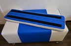 2 Str Size High Seating Bench Footstool American Diner Design With Fix To Wall Back Cushion in Blue and White Faux Leather With Chrome Legs.