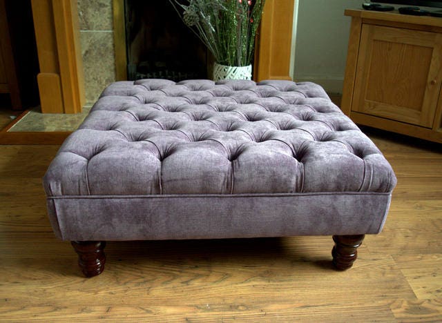 Square Chesterfield Style Deep Buttoned Footstool in Casino Plum Fabric With Turned Hard Wood Legs