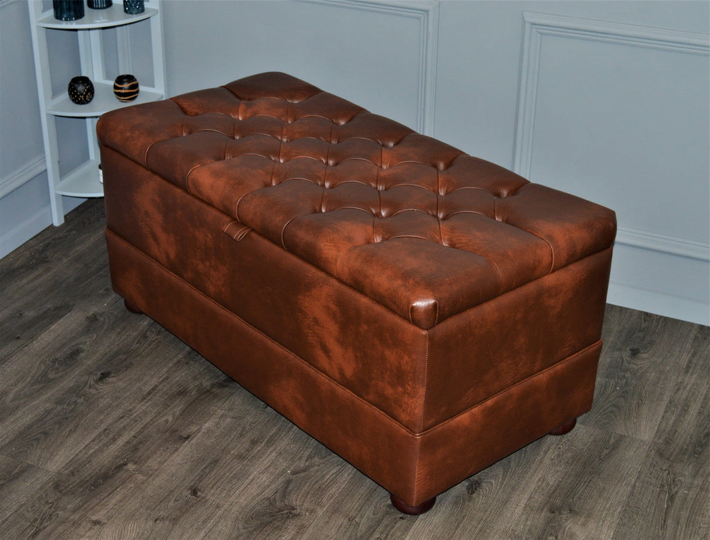 Chesterfield Style End of Bed Storage Bedding Box  in Premium Chestnut Faux Leather