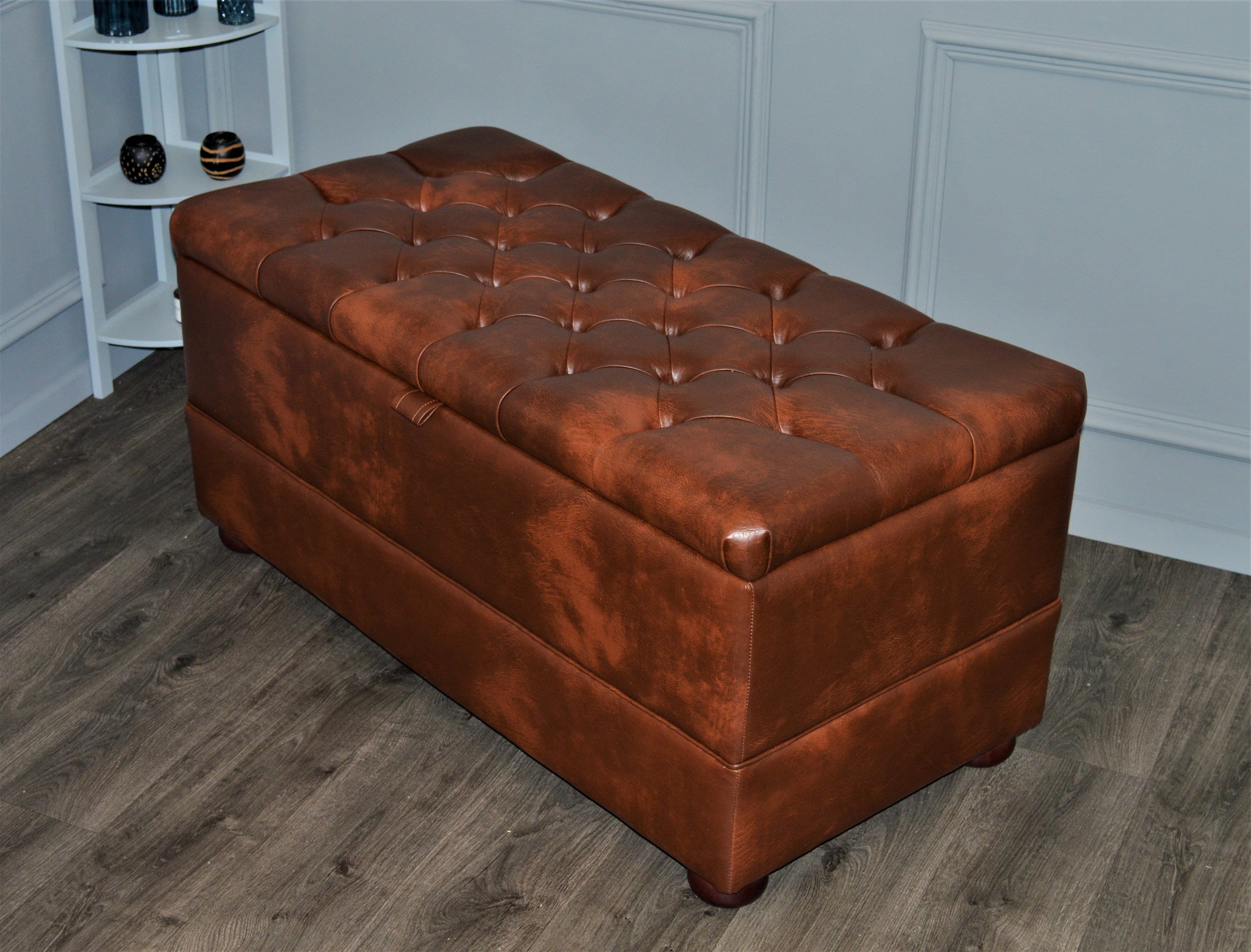 Chesterfield Style End of Bed Storage Bedding Box  in Premium Chestnut Faux Leather