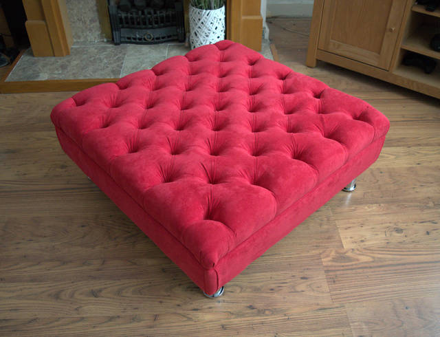 Square Chesterfield Style Deep Buttoned Footstool in Casino Crush Red Fabric With Chrome  Legs