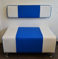2 Str Size High Seating Bench Footstool American Diner Design With Fix To Wall Back Cushion in Blue and White Faux Leather With Chrome Legs.