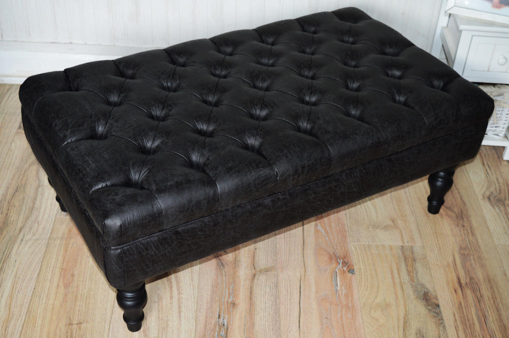 Handmade Antique Black Faux Suede  Chesterfield Footstool  Coffee Table – Footrest – Black Hand Painted Turned Hardwood Legs