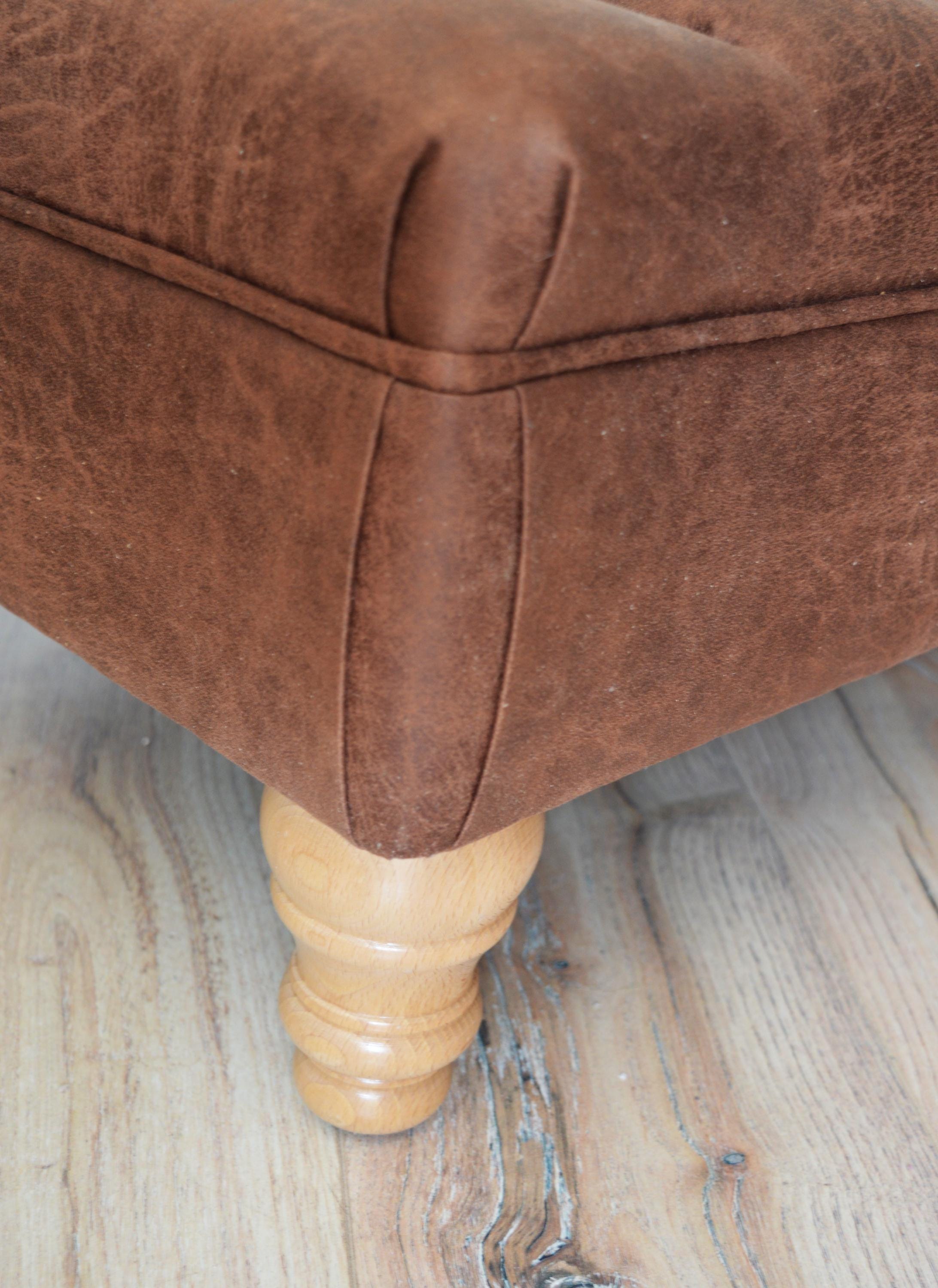 Handmade Antique Brown Faux Suede  Chesterfield Footstool – Ottoman – Coffee Table – Footrest – Oak Turned Hardwood Legs