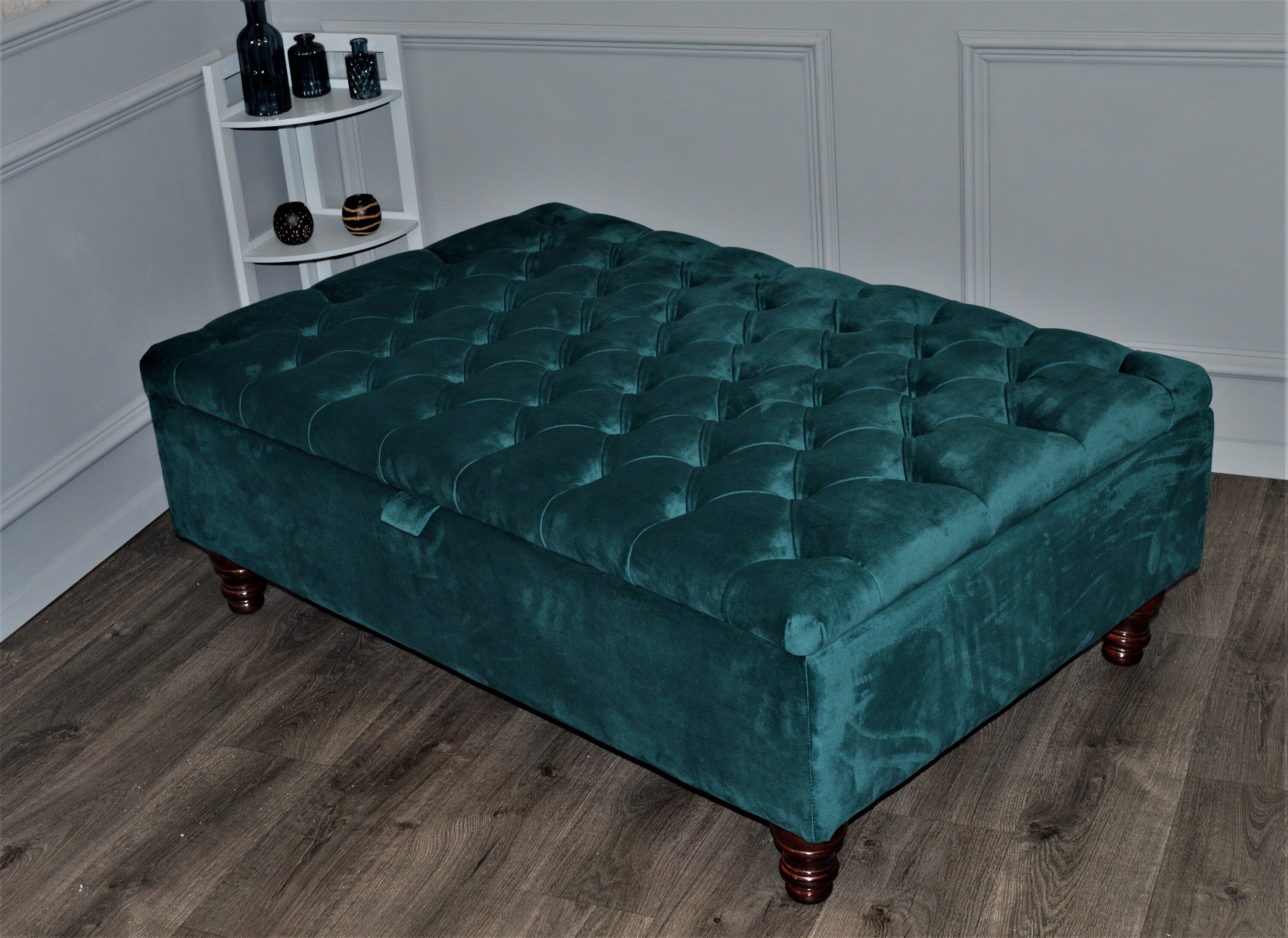 Chesterfield Deep Buttoned Storage Ottoman Footstool in Teal Velvet With Mahogany Turned Hard Wood Legs