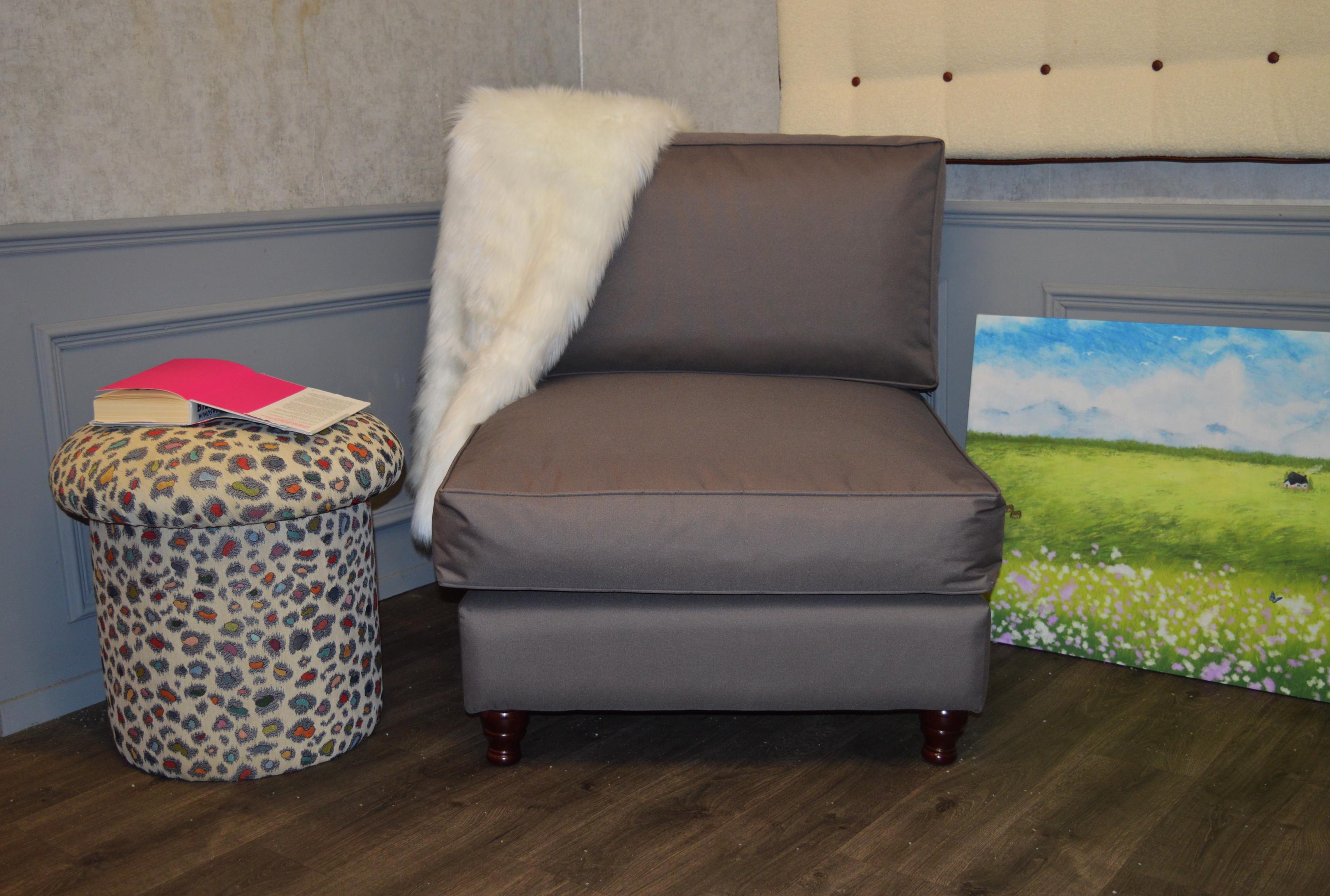 Stylish Chair For Indoor And OutDoor Use in Grey Water Resistant Fabric With Mahogany Wood Legs