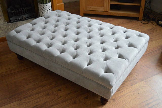 Chesterfield Extra Large Deep Buttoned Footstool in Premium Casino Silver Fabric With Turned Hardwood Legs