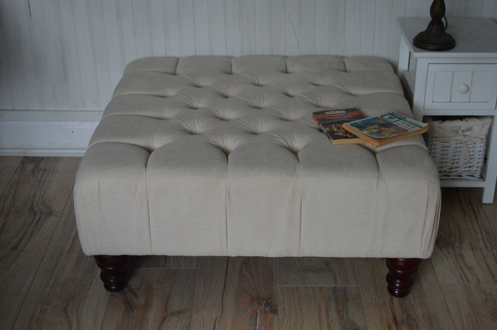 Square Chesterfield Deep Buttoned Footstool in Casino Beige Fabric With Mahogany Turned Hard Wood Legs