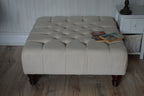Square Chesterfield Deep Buttoned Footstool in Casino Beige Fabric With Mahogany Turned Hard Wood Legs